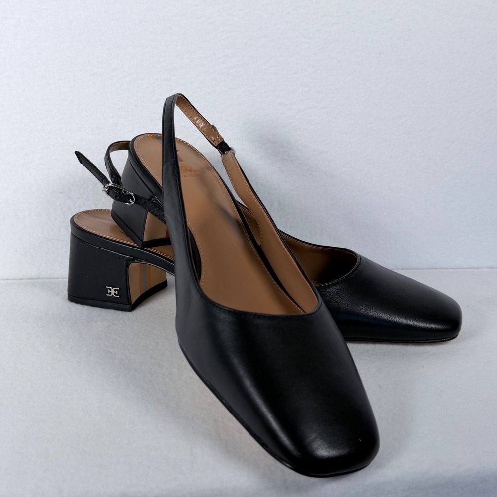 NIB Sam Edelman Terra Black Leather Slingback Pump Women 8 Block Heel Square Toe